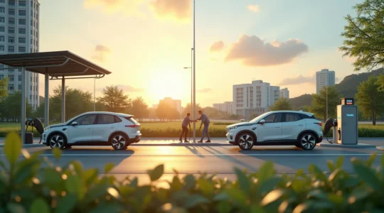 Darstellung verschiedener alternativer Antriebssysteme: BEV, PHEV und Wasserstoffauto im urbanen und ländlichen Umfeld