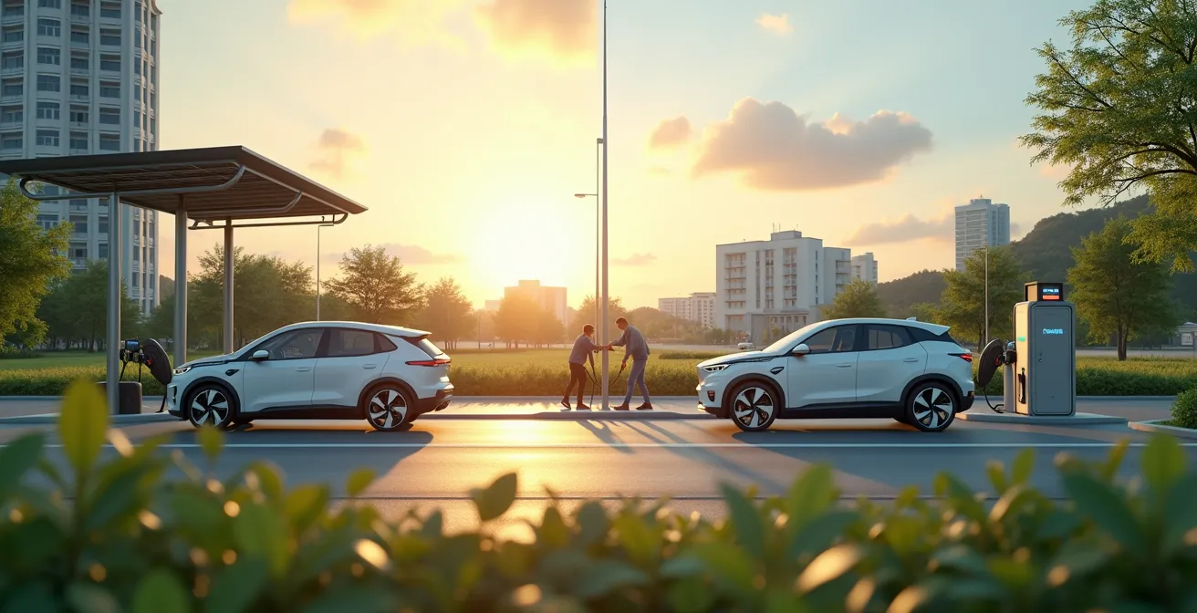 Darstellung verschiedener alternativer Antriebssysteme: BEV, PHEV und Wasserstoffauto im urbanen und ländlichen Umfeld