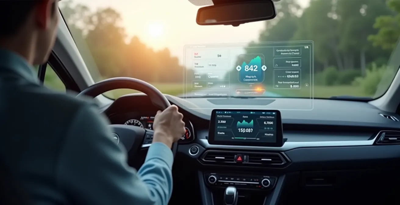 Symbolische Darstellung eines Autos mit einem Budgetdiagramm und Geldscheinen, die die Kontrolle über Fahrzeugkosten illustrieren