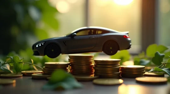 Symbolische Darstellung eines Autos im Umkreis von CO2-Gesetzen und Münzen