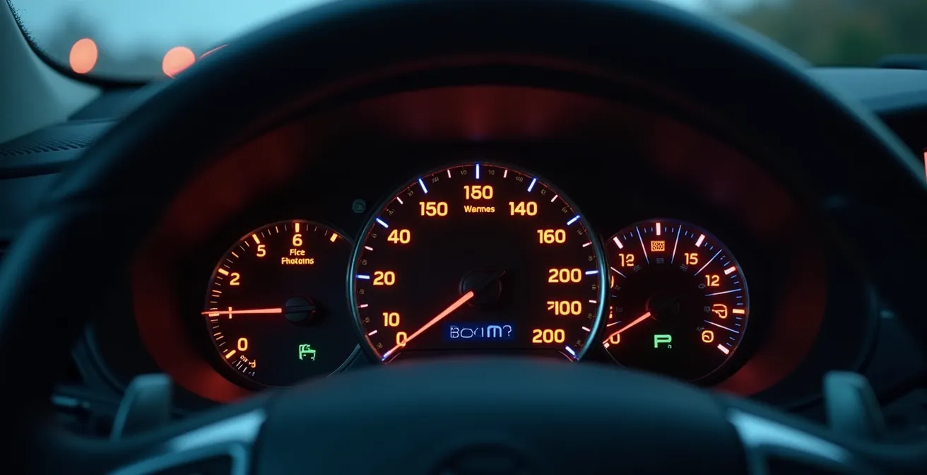 Modernes Auto-Cockpit mit verschiedenen farbigen Warnleuchten und deren Bedeutung für die Fahrzeugsicherheit
