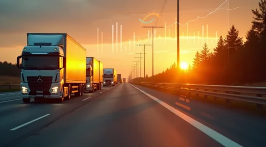 LKW-Flotte auf einer Autobahn mit datengesteuerten Symbolen und wachsendem Gewinn