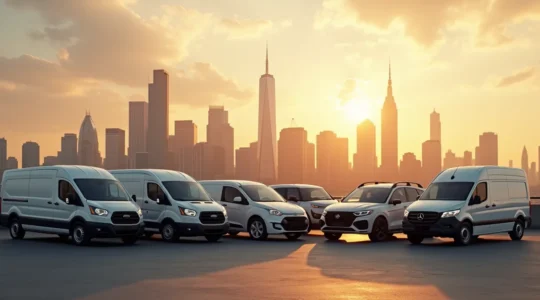 Moderne Fahrzeugflotte vor urbaner Skyline als Symbol für gewinnbringendes Flottenmanagement