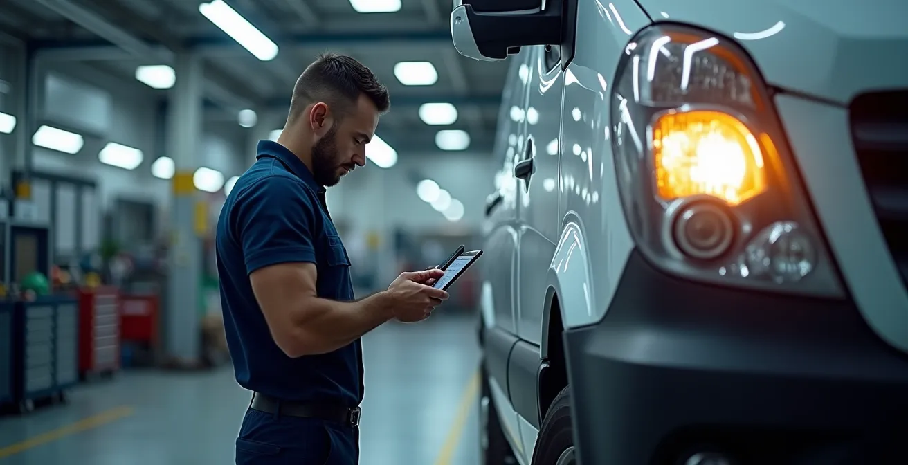 Professionelle Transporter-Inspektion in einer Werkstatt mit Checkliste und Überprüfung von Motor, Fahrwerk und Elektronik