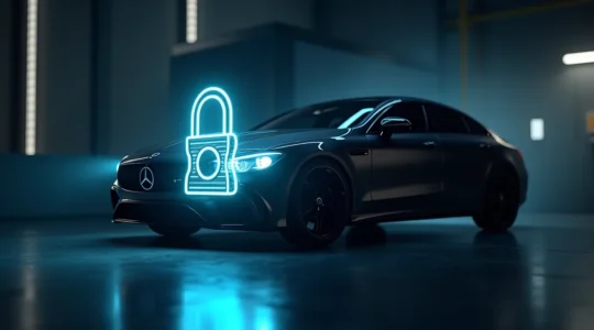 Symbolische Darstellung einer Fahrzeuggarantie mit Schloss und Automobil