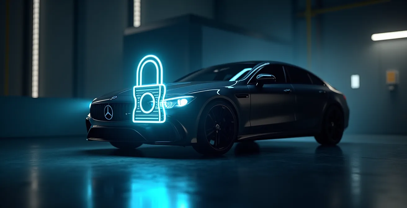 Symbolische Darstellung einer Fahrzeuggarantie mit Schloss und Automobil
