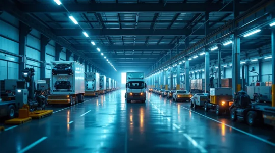 Moderne automatisierte Logistikanlage der Automobilindustrie mit vernetzten Transportbändern, Robotern und digitalen Anzeigetafeln