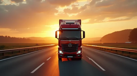 Moderner Sattelzug auf offener Autobahn bei Sonnenaufgang