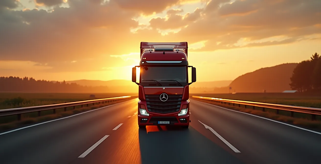Moderner Sattelzug auf offener Autobahn bei Sonnenaufgang