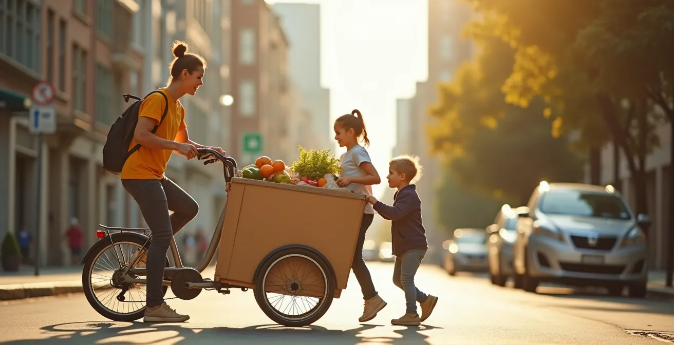 Ein modernes Lastenrad mit Familie und Einkauf vor urbaner Kulisse