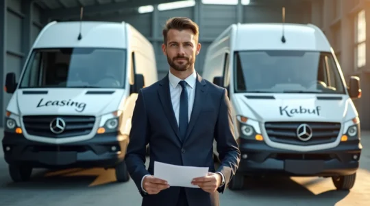 Geschäftsmann vor Nutzfahrzeugen, der eine Leasing-vs-Kauf-Entscheidung abwägt