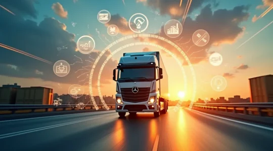 Symbolische Darstellung eines modernen Nutzfahrzeugs, das verschiedene Geschäftsfelder miteinander verbindet und transformiert