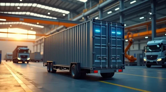 Moderner mobiler Lagercontainer mit IoT-Sensoren in einer automobilen Produktionsumgebung