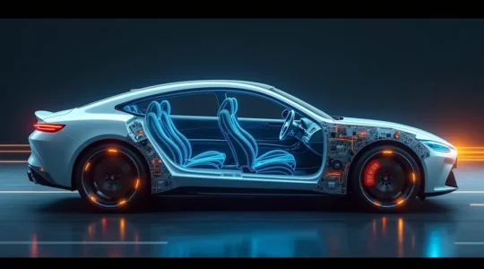 Moderne Sicherheitstechnik im Auto mit visueller Darstellung von Sensoren und Schutzfunktionen