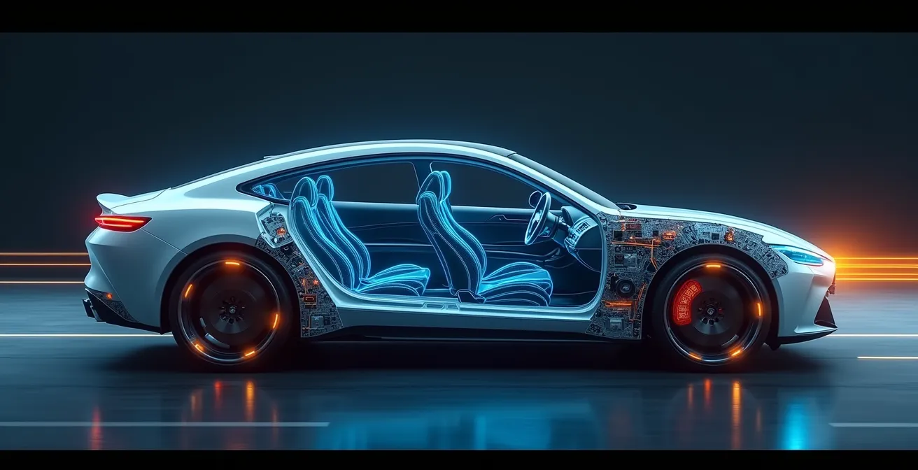 Moderne Sicherheitstechnik im Auto mit visueller Darstellung von Sensoren und Schutzfunktionen