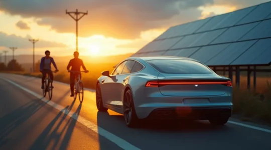 Symbolische Darstellung nachhaltiger Mobilität mit Auto, Fahrrad und erneuerbaren Energien