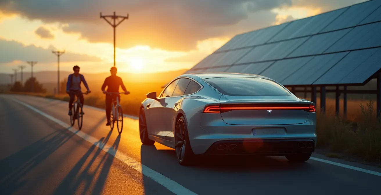 Symbolische Darstellung nachhaltiger Mobilität mit Auto, Fahrrad und erneuerbaren Energien