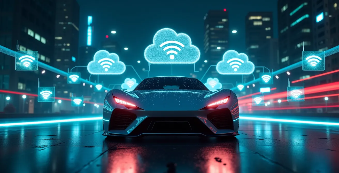 Symbolische Darstellung eines modernen Fahrzeugs mit digitalen Datenströmen und WLAN-Symbolen zur Visualisierung von OTA-Updates