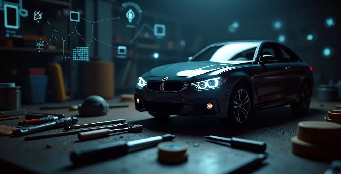 Symbolisches Bild eines Autos mit Reparatur-Werkzeug und digitalen Technik-Icons