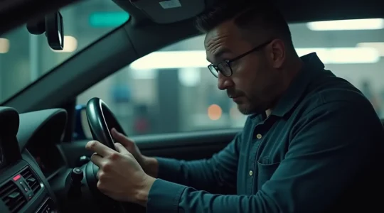 Professioneller Gebrauchtwagenprüfer bei der Untersuchung des Autos mit verschiedenen Prüfgeräten in einer Werkstatt