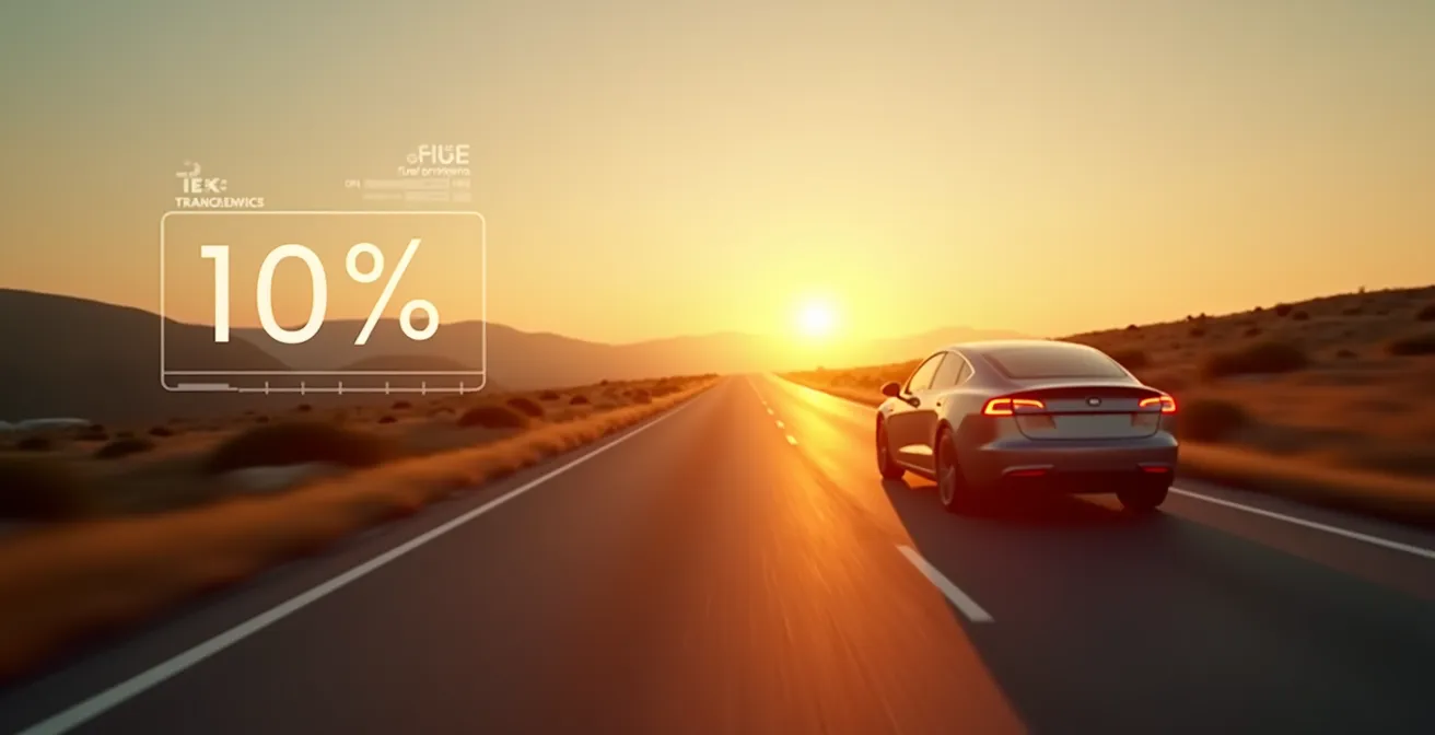 Auto auf Straße bei Sonnenaufgang mit eingeblendetem Effizienz-Tracker