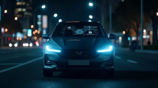 Modernes Auto mit leuchtenden Matrix-LED-Scheinwerfern, digitalem Infotainmentsystem und vernetzten Fahrzeugfunktionen bei Nacht