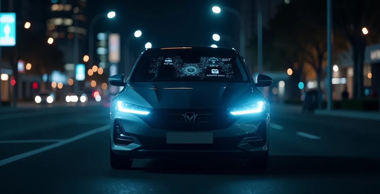 Modernes Auto mit leuchtenden Matrix-LED-Scheinwerfern, digitalem Infotainmentsystem und vernetzten Fahrzeugfunktionen bei Nacht