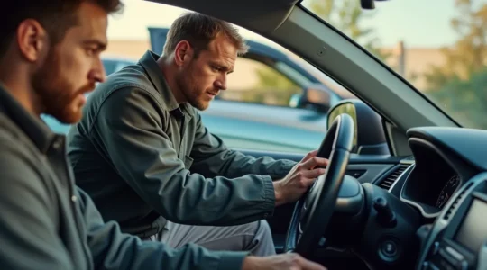 Ein modern ausgestattetes Auto bei einer gründlichen Gebrauchtwagen-Überprüfung mit Fokus auf Motor, Innenraum und Kilometerstand