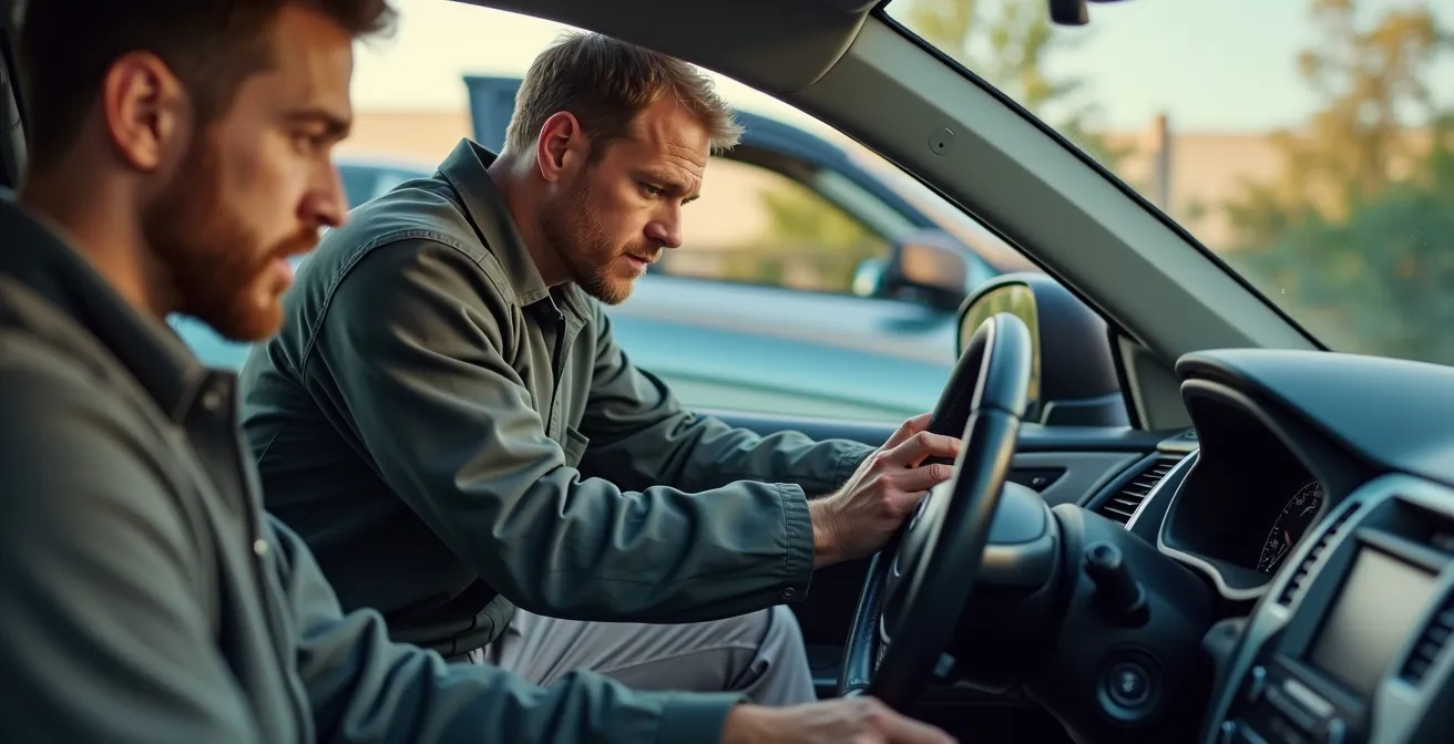 Ein modern ausgestattetes Auto bei einer gründlichen Gebrauchtwagen-Überprüfung mit Fokus auf Motor, Innenraum und Kilometerstand