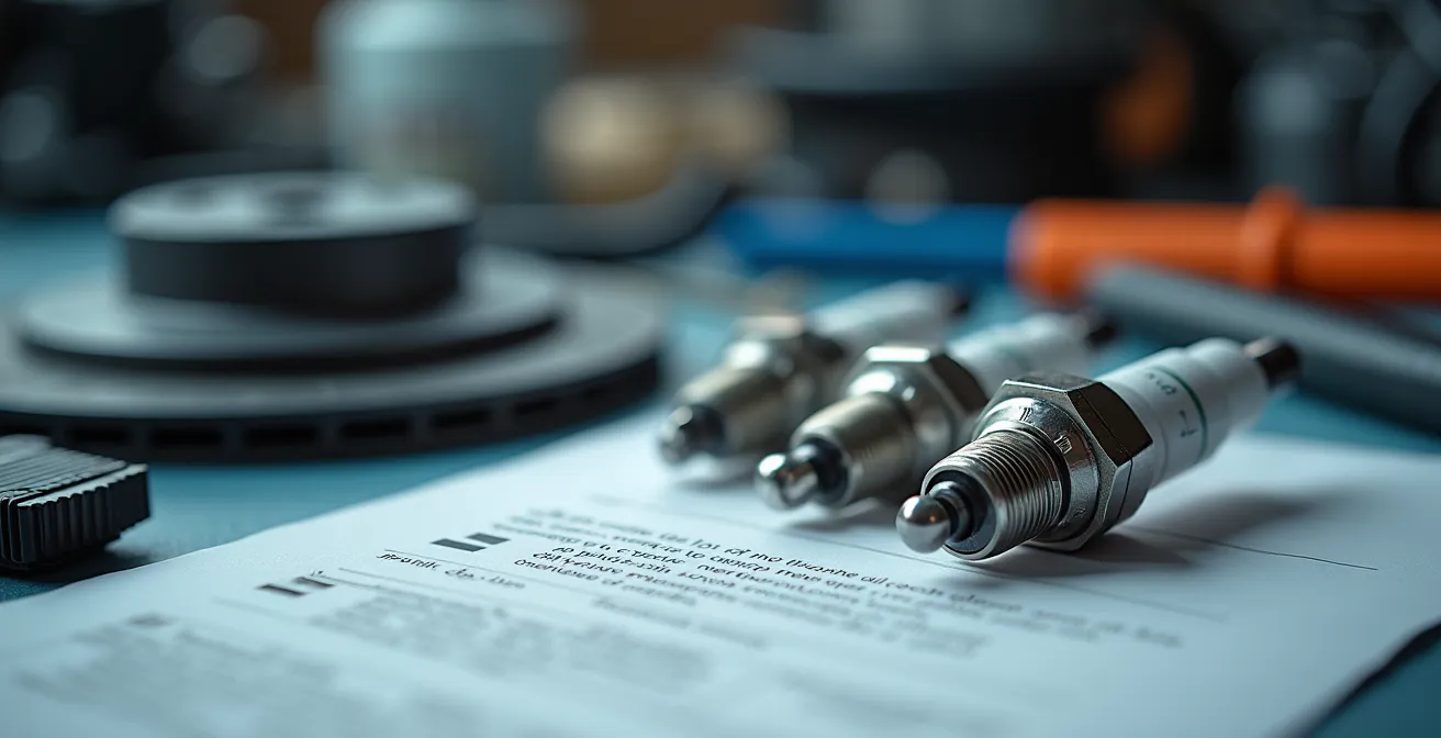 Detailaufnahme eines strukturierten Kostenvoranschlags mit Werkzeug und Autoteilen