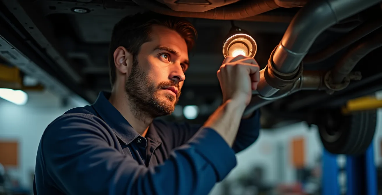 Detailansicht einer Auspuffanlage bei der Rostinspektion von unten