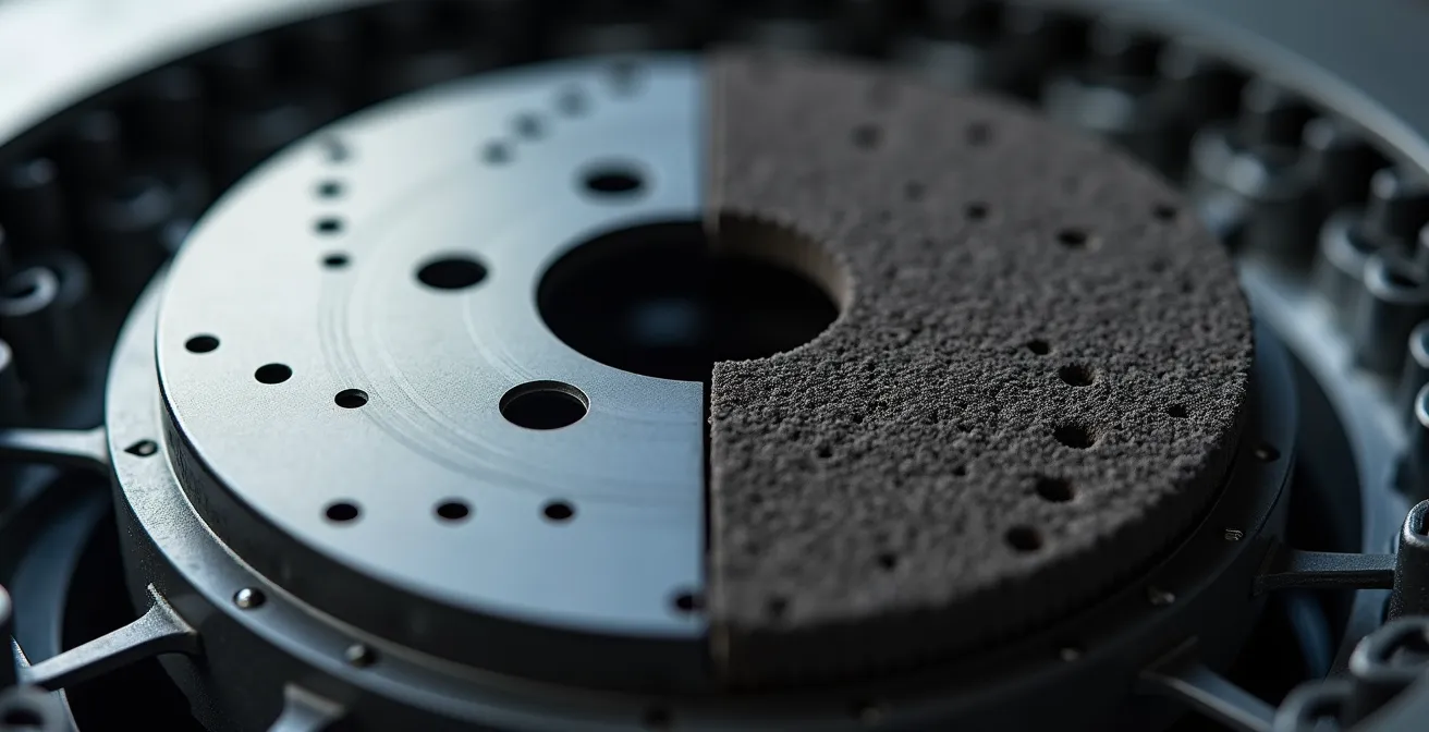 Makroaufnahme von Bremsscheibe und Filter zeigt Qualitätsunterschiede