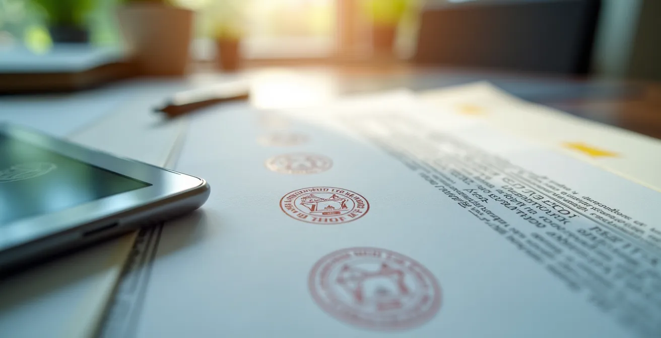 Makroaufnahme von sortierten Dokumenten und einem Tablet mit digitaler Ordnerstruktur für die Fahrzeughistorie