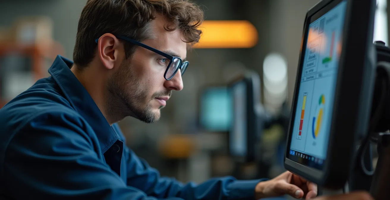 Mechaniker mit Diagnosegerät prüft Fahrzeugdaten