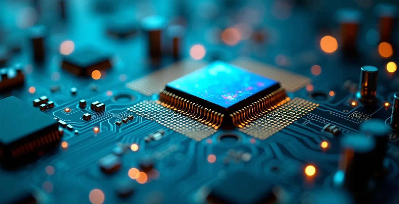 Nahaufnahme einer Computerplatine mit leuchtenden Leiterbahnen, die digitale Sicherheit und Verschlüsselung symbolisieren.