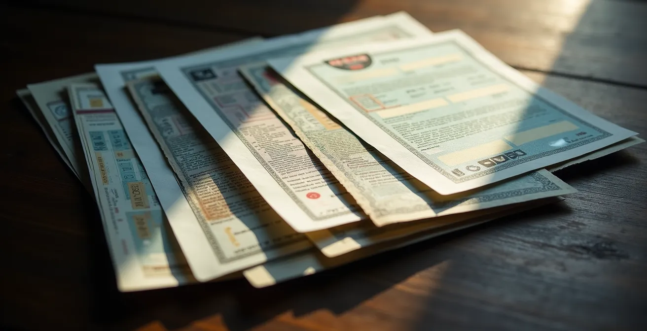 Anordnung verschiedener Fahrzeugdokumente in überlappenden Schichten auf dunklem Hintergrund