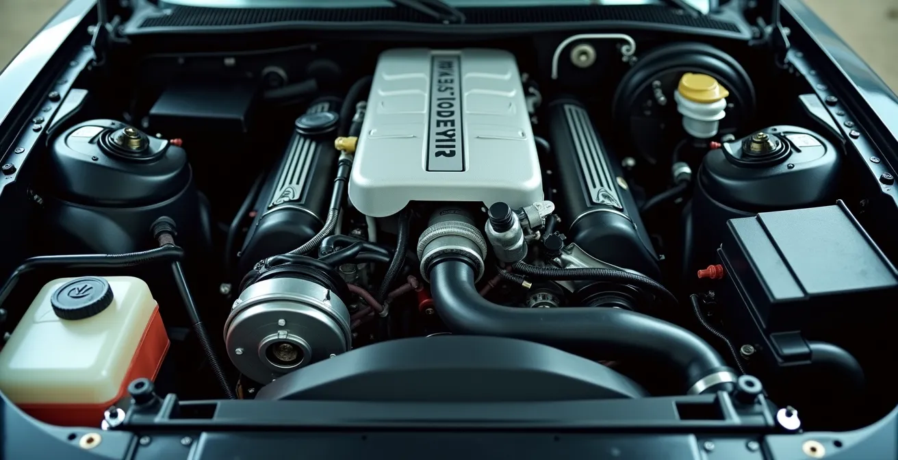 Weitwinkelaufnahme eines makellosen Motorraums mit sichtbaren Qualitätssiegeln und gepflegten Komponenten