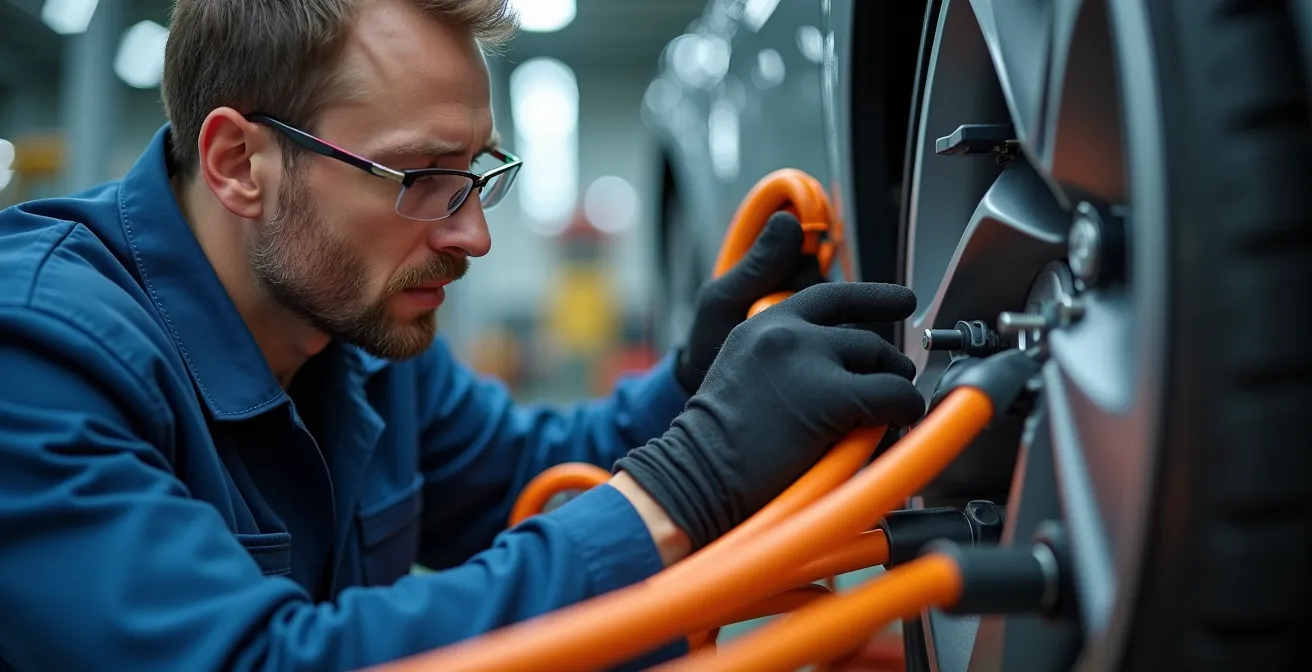 Techniker mit Schutzausrüstung bei der Arbeit an Hochvoltsystemen eines Elektrofahrzeugs in einer modernen Werkstatt.