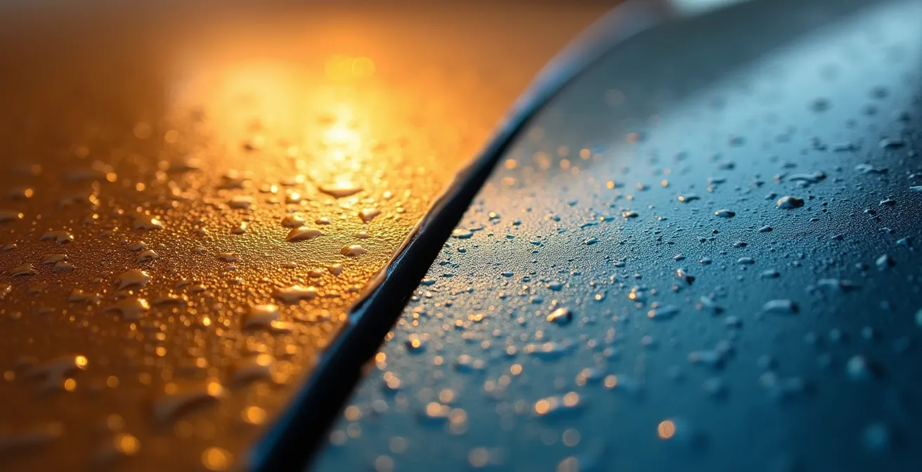 Makroaufnahme einer Lackoberfläche mit sichtbaren Schichtunterschieden