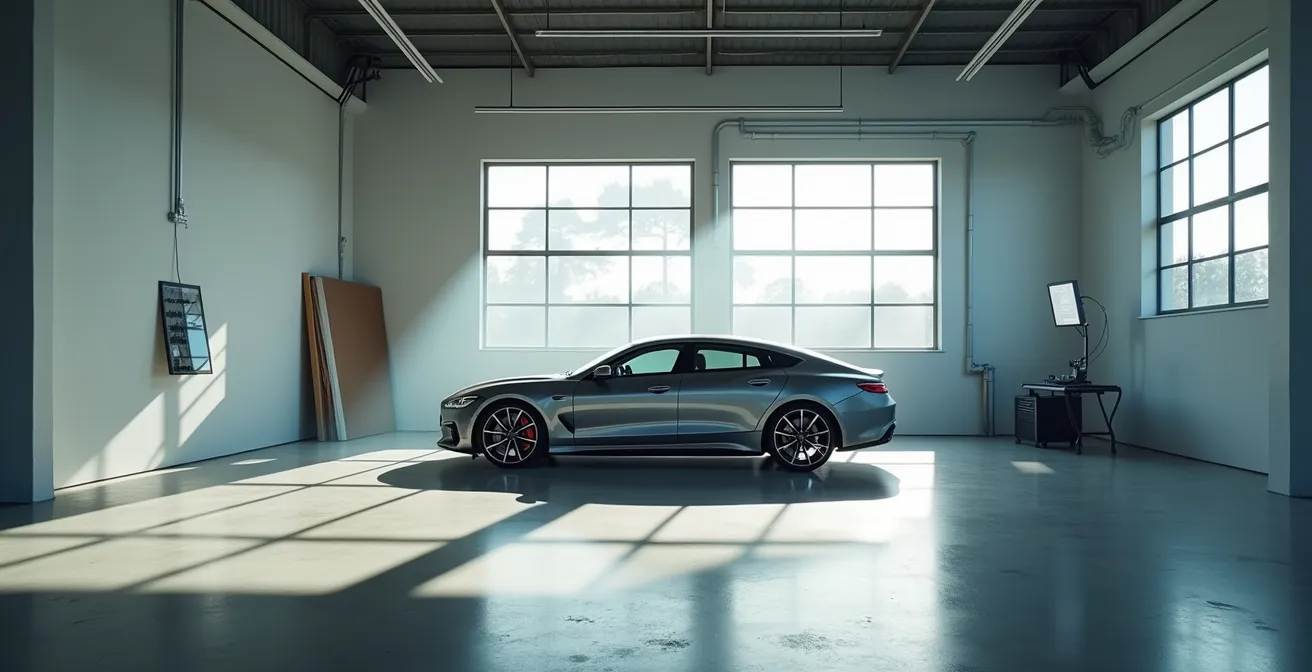 Ein Auto wird unter verschiedenen Lichtquellen wie Sonnenlicht, Schatten und einer LED-Lampe auf Lackfehler untersucht.