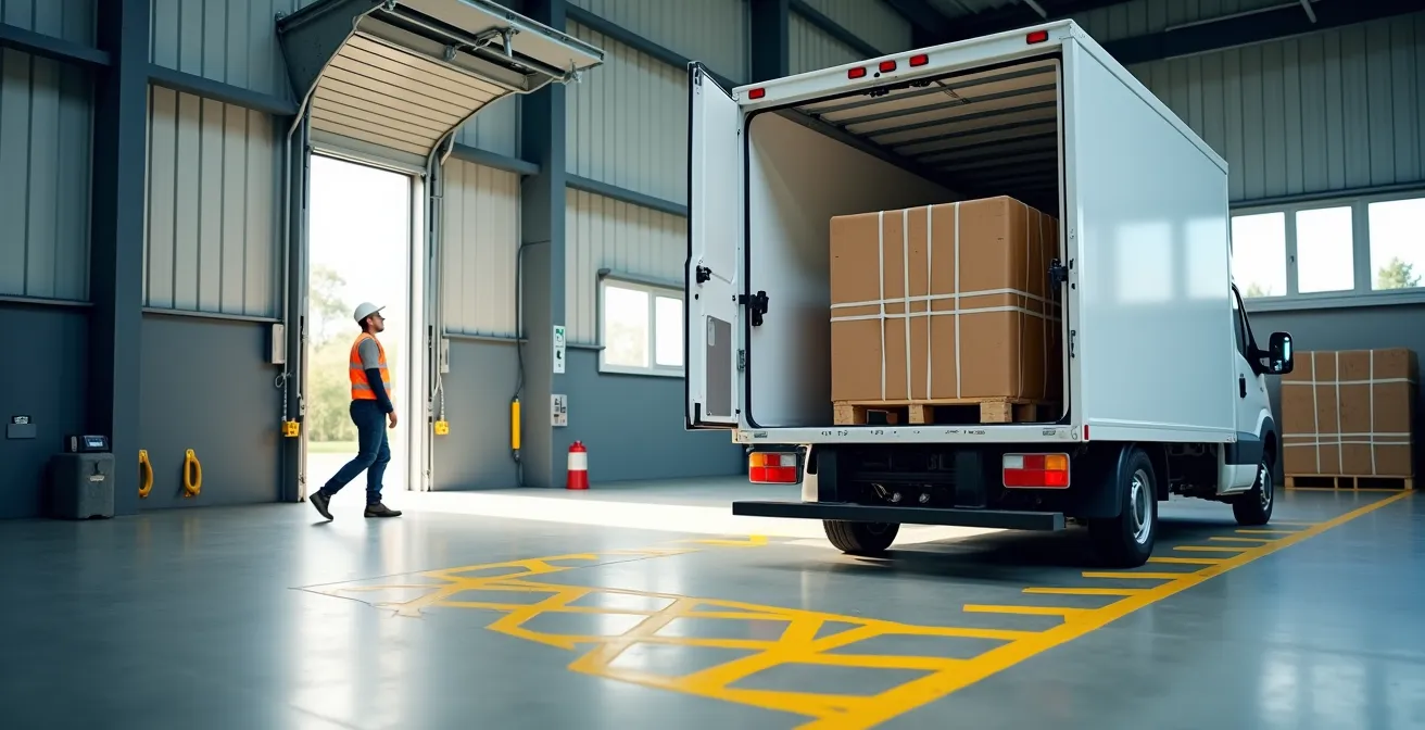 Professionelle Beladung eines Lieferwagens im deutschen Lagerhaus