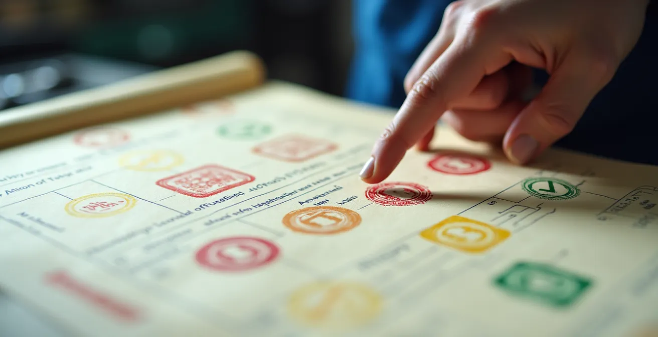 Nahaufnahme eines HU-Prüfprotokolls mit Markierungen verschiedener Mängelkategorien