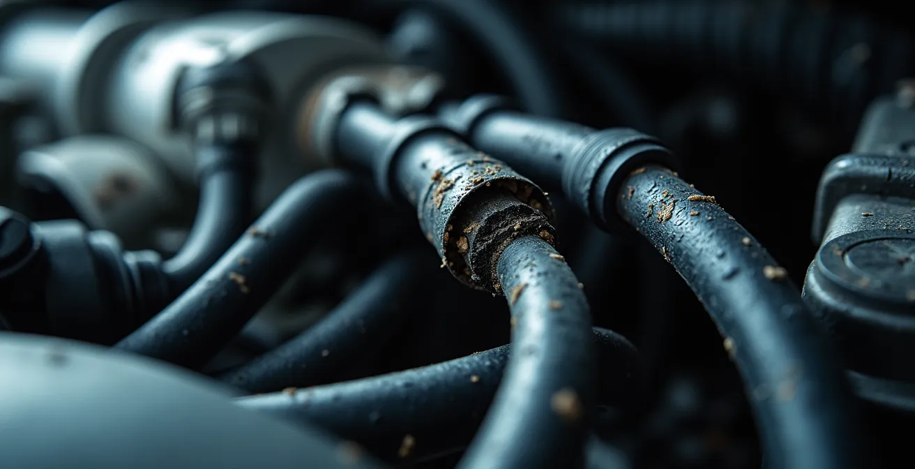 Nahaufnahme eines Marderschadens im Motorraum eines Autos mit deutlich sichtbaren, durchgebissenen Kabeln.