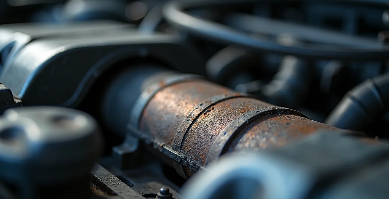 Detailaufnahme von Schweißnähten und Verformungen im Motorraum eines Unfallwagens