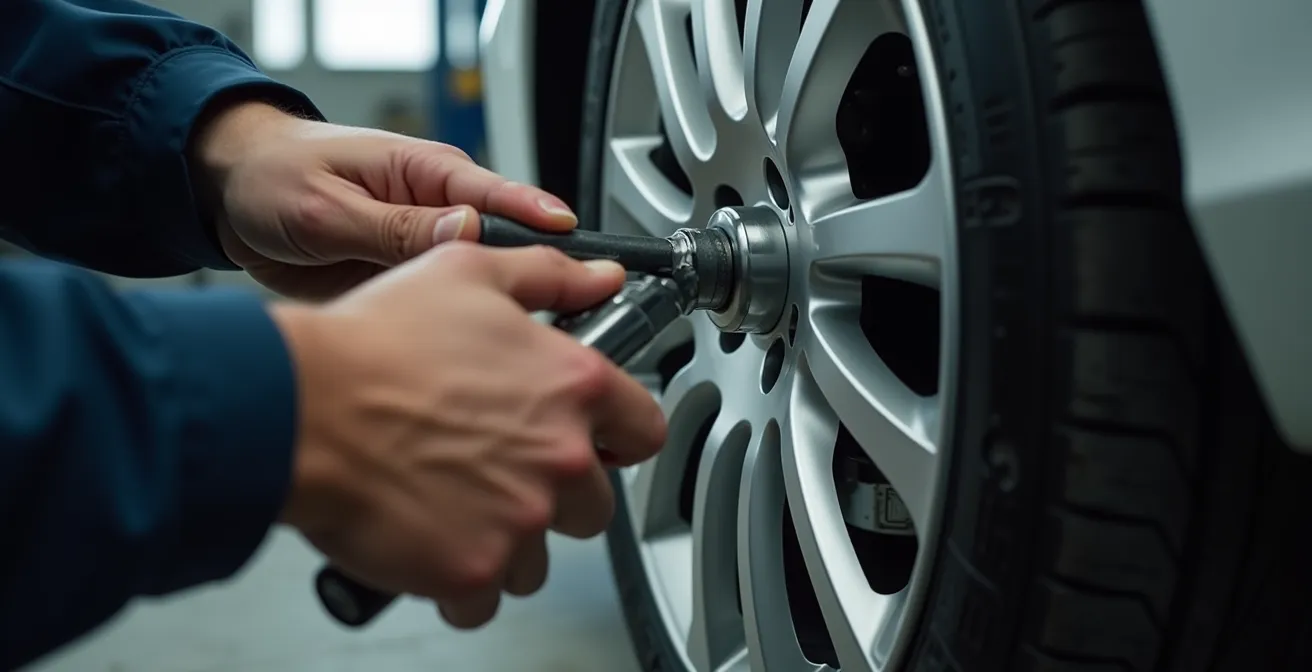 Drehmomentschlüssel in professioneller Anwendung an einem Fahrzeugrad, der die Präzision und Sicherheit betont.