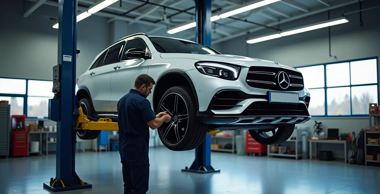 Mechaniker überprüft Stoßdämpfer in einer deutschen Werkstatt