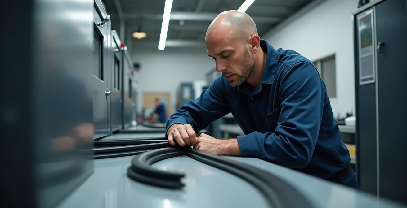 Detailaufnahme einer Fahrzeugtür-Dichtungsprüfung