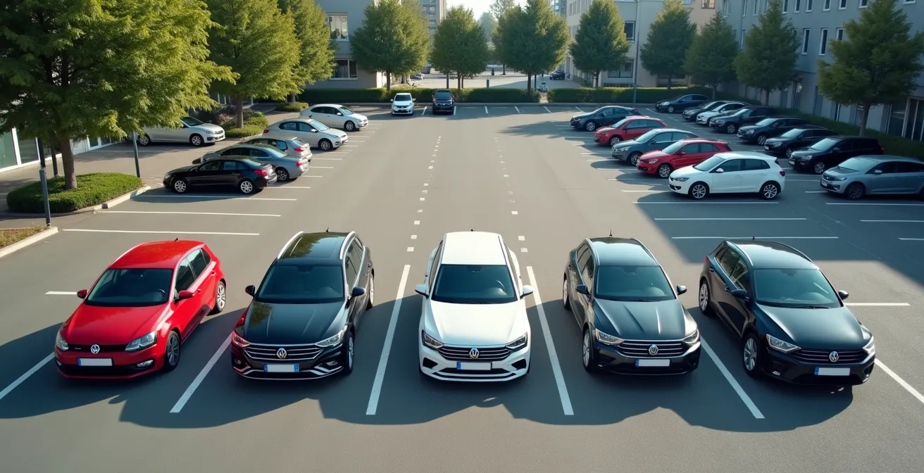 Verschiedene Automodelle – ein SUV, eine Limousine und ein Kleinwagen – auf einem Parkplatz aus der Vogelperspektive, was die Vielfalt der Typklassen symbolisiert.
