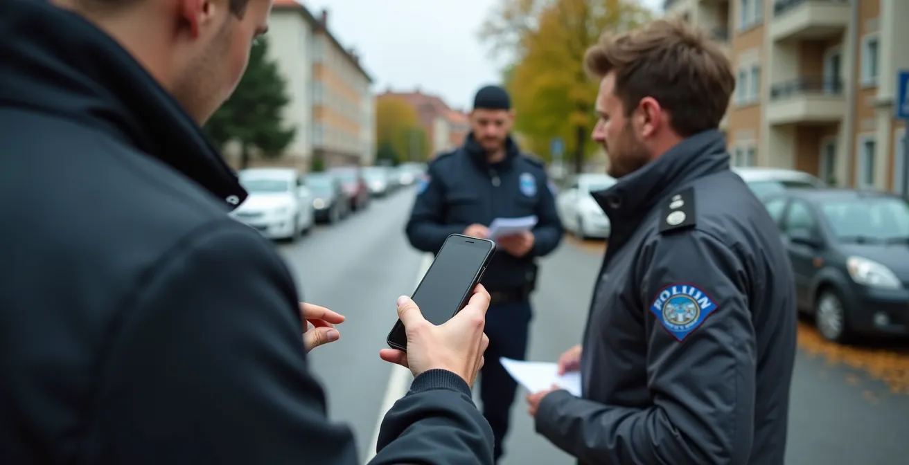 Szene einer Unfallaufnahme auf einer deutschen Straße, bei der ein Fahrer mit dem Smartphone den Schaden am Auto dokumentiert.