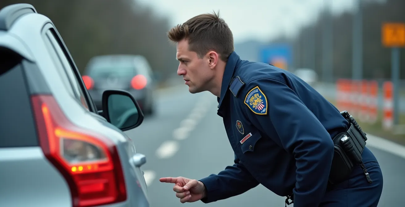 Polizist prüft TÜV-Plakette bei einer Verkehrskontrolle auf deutscher Autobahn